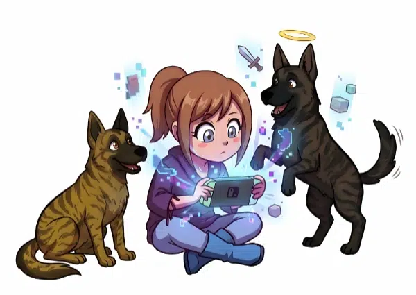 Akiko-joue-switch-chiens Akikou joue à la Nintend Switch avec ses deux chiens à ces côtés.